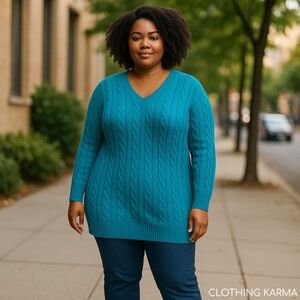 Lane Bryant 18/20 W Cable Knit Teal Blue Pullover Sweater Cotton Long Sleeve